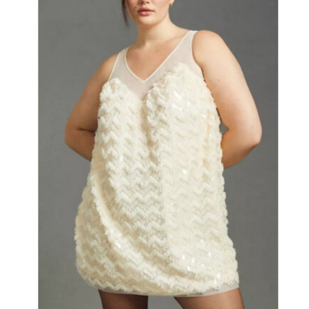 Anthropologie 3X NWT Textured Sequin Mini Dress Paillettes Cream New 230$ - Picture 2 of 9